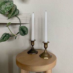 Set of 2 Solid Brass Candlestick Holders 4” Tall & Candles